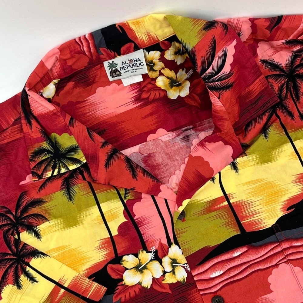 Aloha Republic Hawaiian Shirt Mens XL Red Sunset Palm Tree Hibiscus Cotton